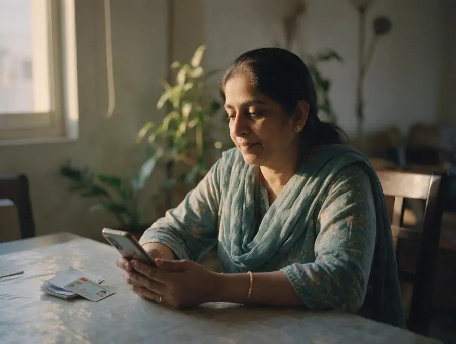A woman checking her documents on her phone at her dining table