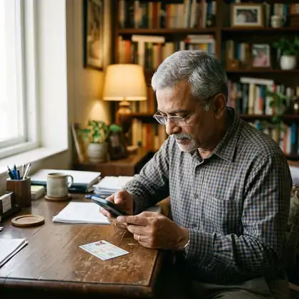 A man photographing his Emirates ID at his desk