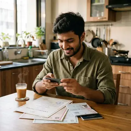A young man photographing certificates at a kitchen table