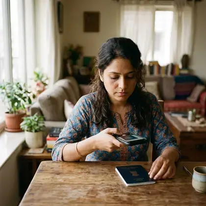A woman photographing a passport with her phone at her dining table